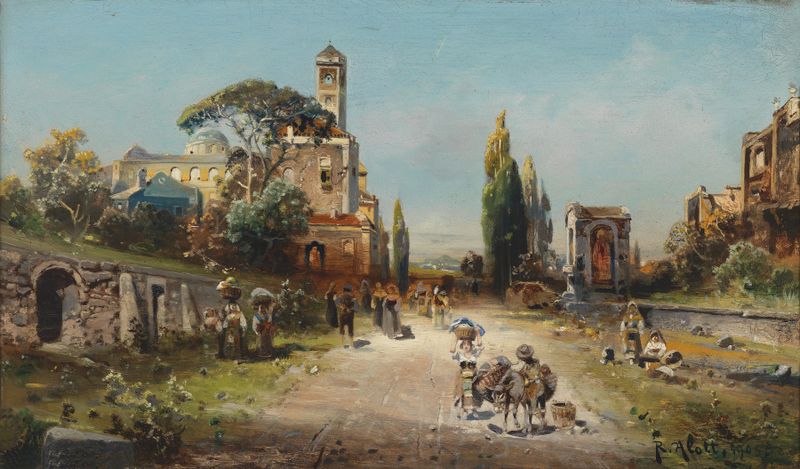 Landscape depicting a winding path in greens and earth tones by Robert Alott, oil painting