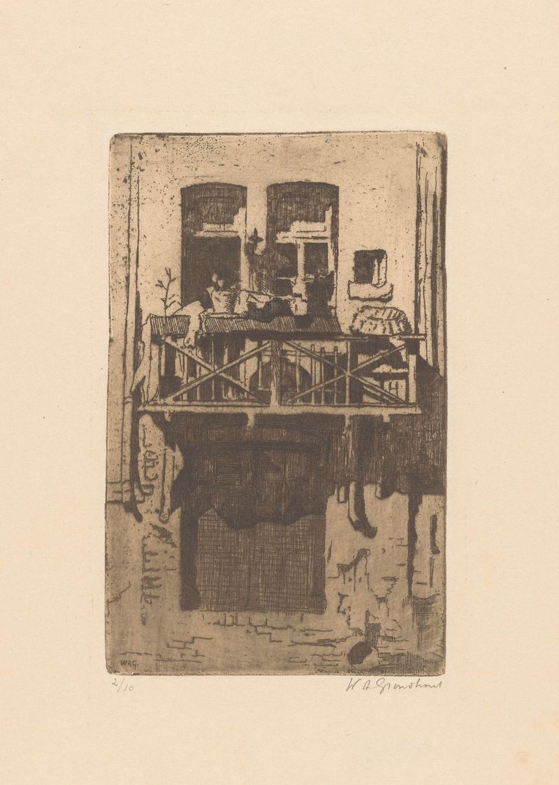 Balkon van een huis aan de Oudezijds Kolk in Amsterdam, oil on canvas by Willem Adrianus Grondhout