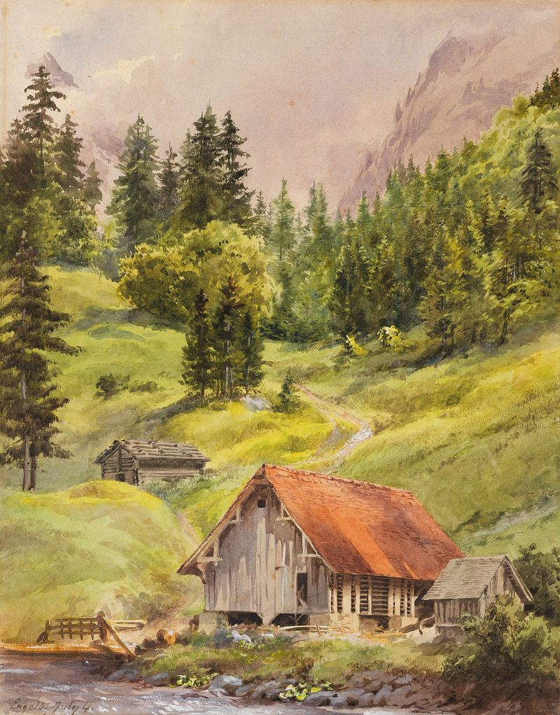 Oil painting by Edward Theodore Compton depicting a serene valley and mountains.
