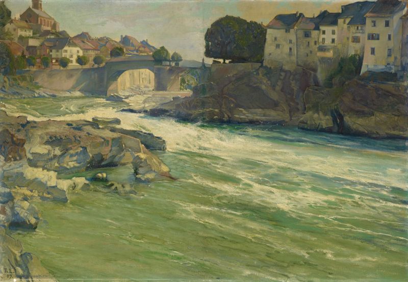 The Rhine at Laufenburg, oil on canvas by Rudolf Löw, depicting a vibrant river scene.