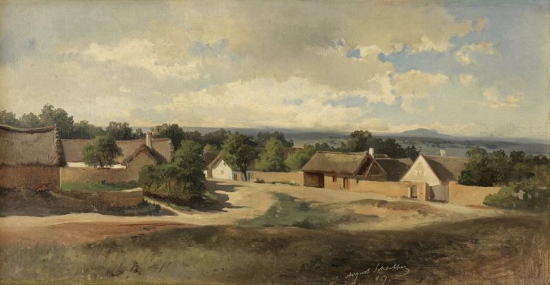 Landscape oil painting by August Schaeffer von Wienwald featuring a village and rolling hills.