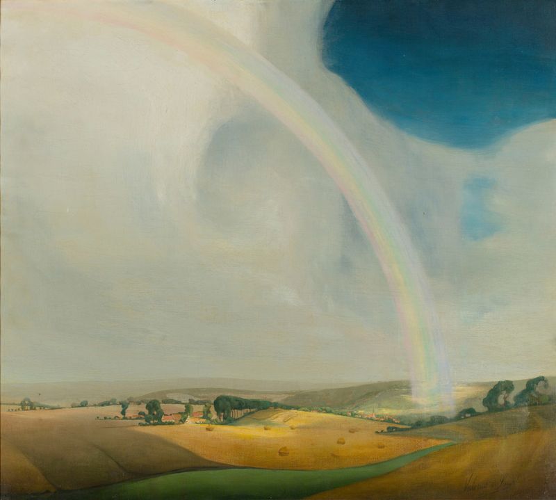 The Rainbow by Valerius De Saedeleer, oil on canvas depicting a vibrant arc of color in a landscape.