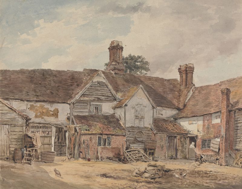 Old Farm Buildings by William Henry Hunt, oil painting depicting rustic architecture.