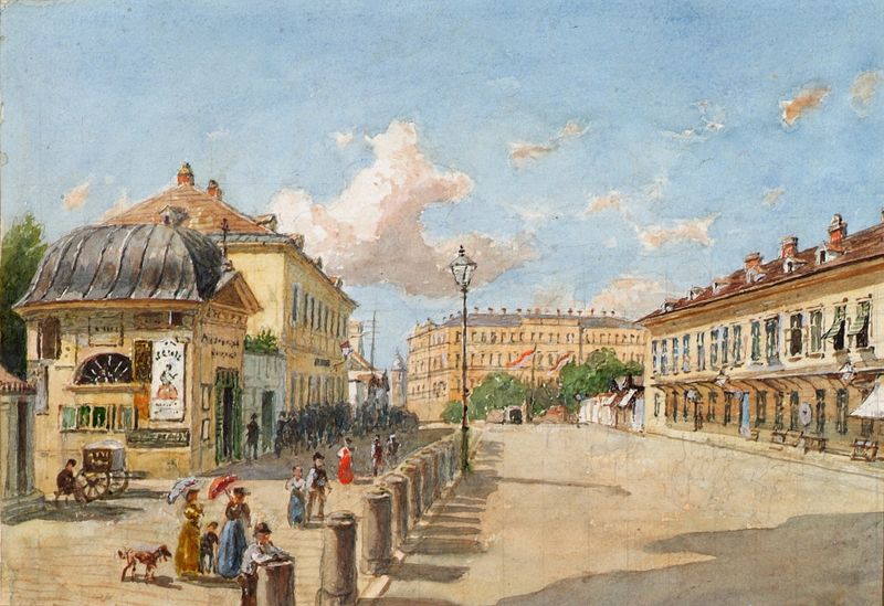 Cena de gênero que retrata a vida nas ruas de Viena, óleo sobre tela de Franz Reinhold