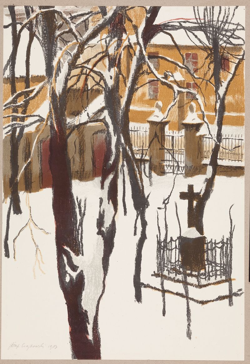 Monastery Cemetery in Krakow, oil on canvas by Józef Czajkowski, featuring gravestones and a shadowy sky.