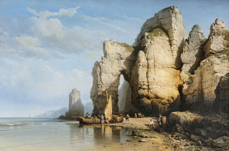 Los Acantilados De Flamborough Head, Yorkshire de Charles Joseph Kuwasseg, pintura al óleo que representa acantilados y oc...