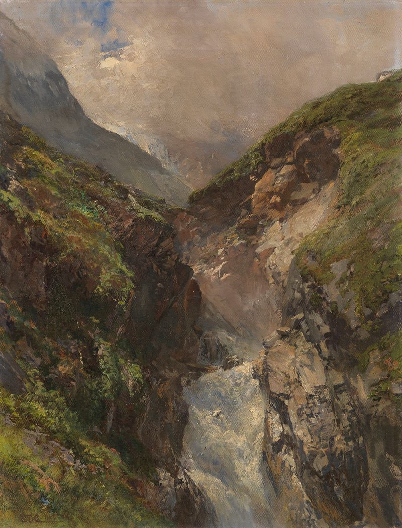 Paisaje con una cascada, pintura al óleo de Edward Theodore Compton