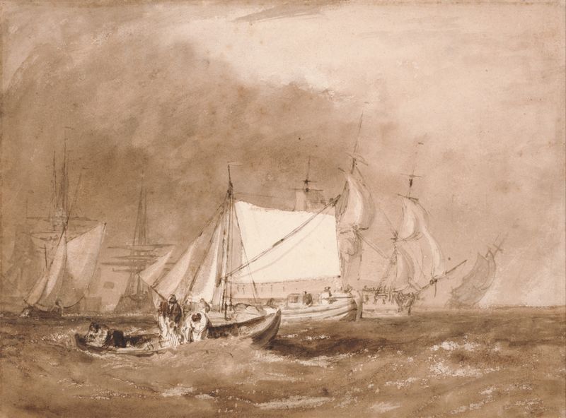 Shipping Scene, with Fishermen de Joseph Mallord William Turner, óleo que muestra pescadores en aguas turbulentas.