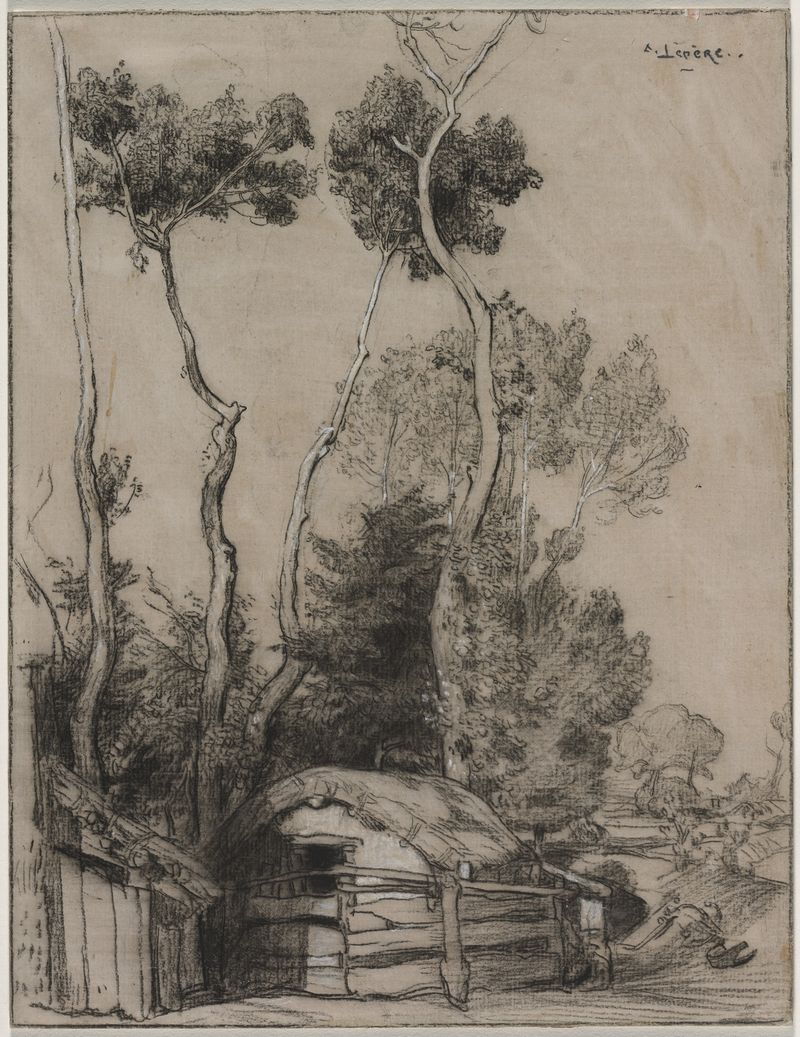 Landscape with Cottages, óleo sobre tela de Auguste Louis Lepère, apresentando cottages de palha e colinas suaves.
