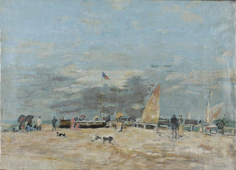 Pintura al óleo de paisaje de Eugène Boudin con un cielo sereno y nubes