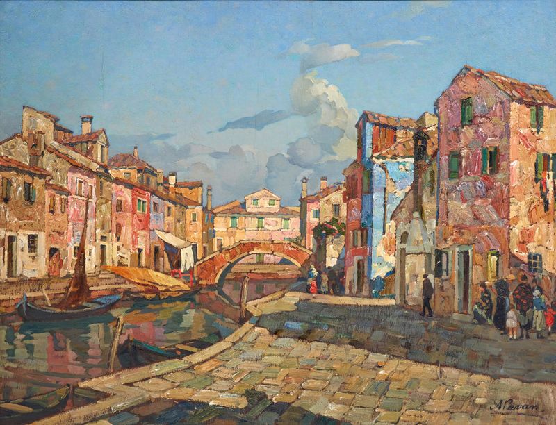 A View of Burano de Angelo Pavan, óleo sobre tela que retrata casas coloridas e um céu etéreo.