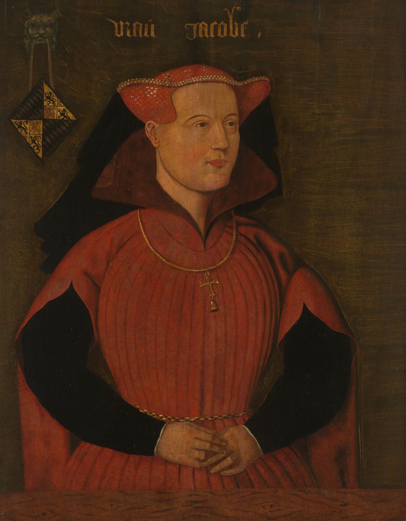 Retrato de Jacoba de Baviera, óleo sobre panel de un artista desconocido, con una noble mujer en un vestido bordado.