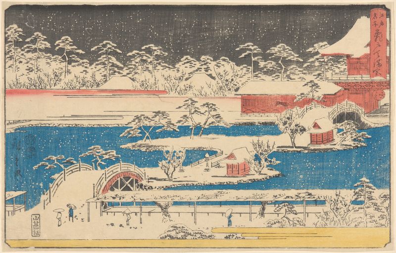 Kameido Temmaugu in Snow, impressão em madeira de Utagawa Hiroshige retratando uma paisagem de inverno com um templo.