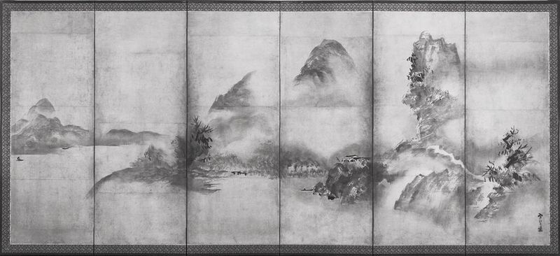 Mountain Landscape, ink on paper by Shūgetsu Tōkan depicting hills and a river.