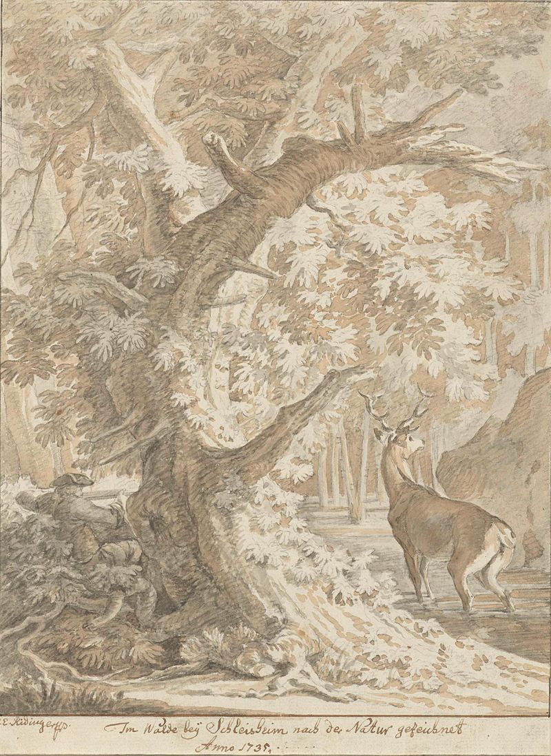 Rococo oil painting by Johann Elias Ridinger depicting a hunter aiming at a deer near water.