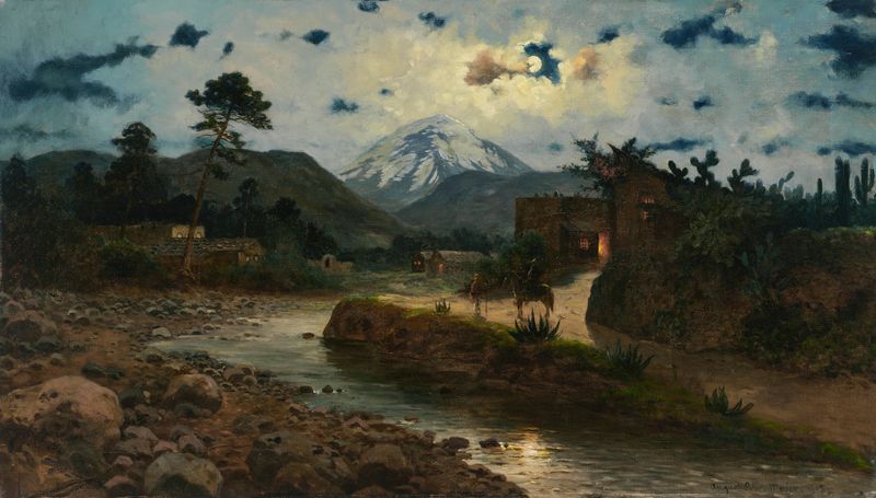 Night scene of Popocatepetl mountain by August Löhr, oil painting