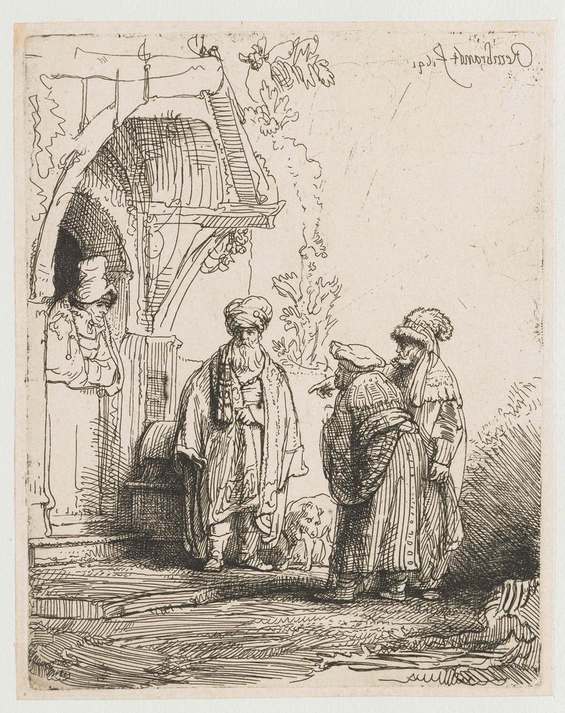 Tres figuras orientales en grabado de Rembrandt van Rijn con sombras intrincadas y expresiones enigmáticas.