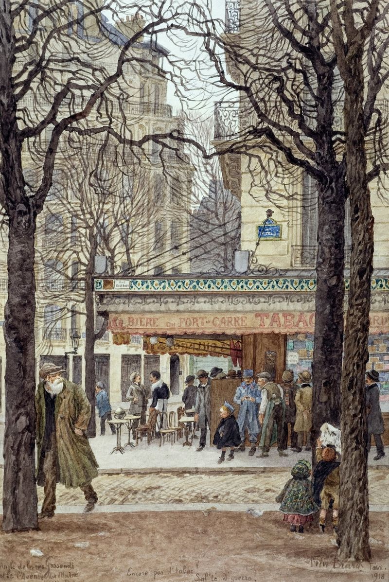 Óleo sobre tela de Félix Brard retratando uma rua de Paris com luz e sombras.