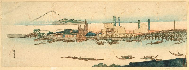 Sumida River Scene by Utagawa Kuniyoshi, Ukiyo-e, depicting flowing waters and reflections.