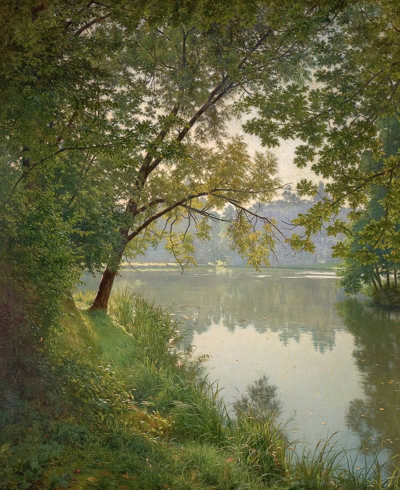 Landscape oil painting by Henri Biva depicting serene water reflections.