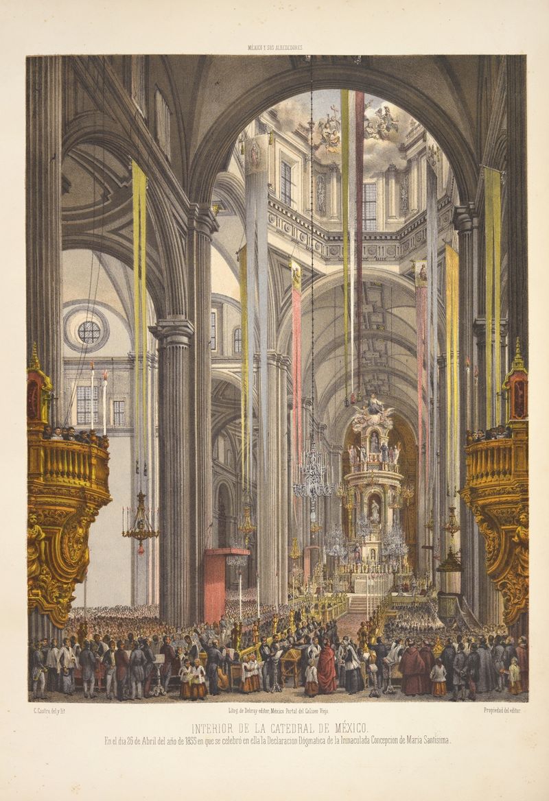 Interior de la Catedral de México by C. Castro, oil on canvas depicting sacred architecture.