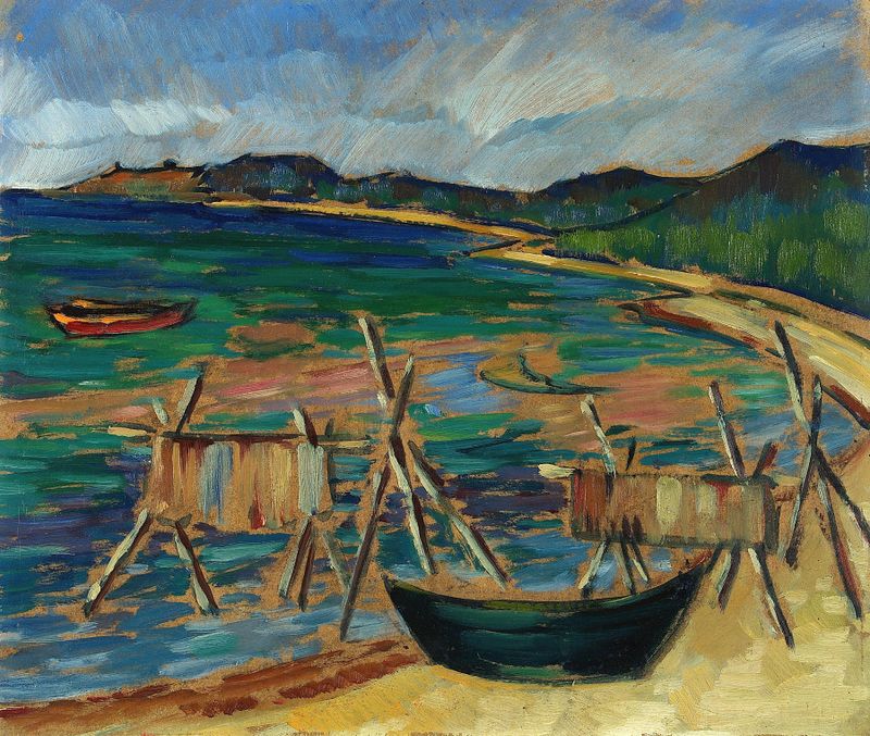 Pintura al óleo de Konrad Mägi que representa barcos en el agua al atardecer