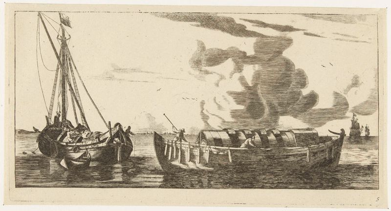 Dois barcos em um tranquilo canal, gravura de Unknown Artist