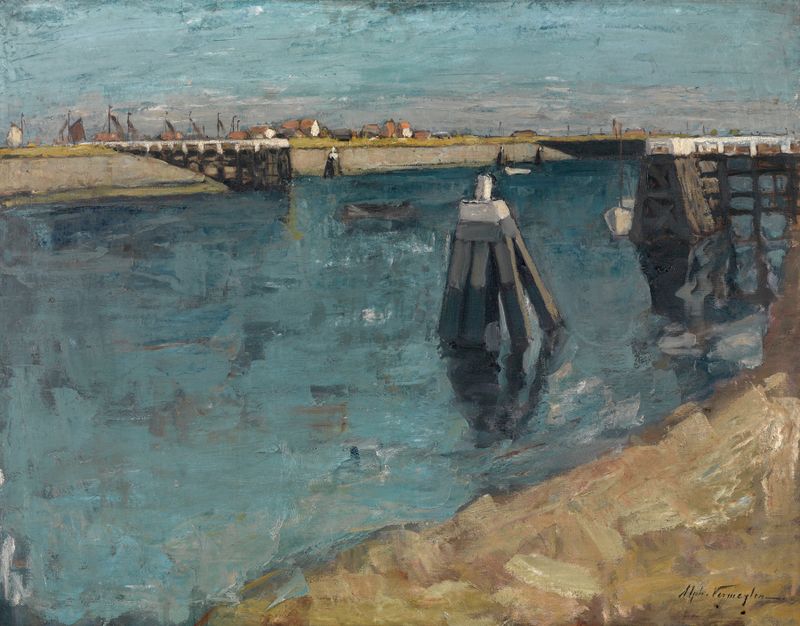 Cena marinha de Alfons Vermeylen, retratando a entrada de um porto com barcos, pintura a óleo