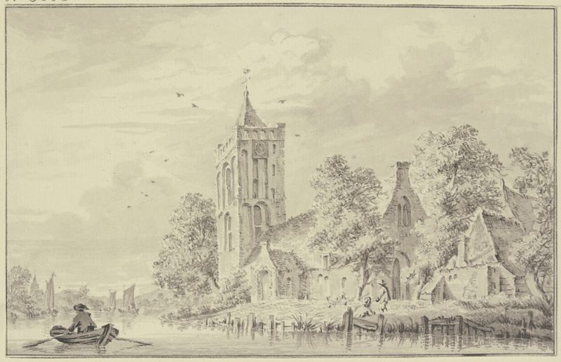 Dorfkirche am Wasser, una pintura al óleo de Paulus van Liender que muestra a un hombre remando en un río.