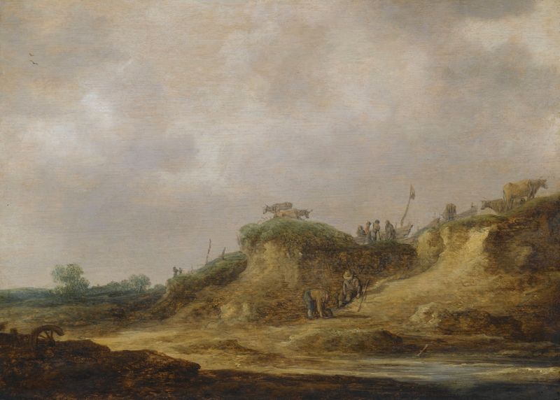 Uma paisagem de dunas com pastores cuidando do gado, óleo sobre tela de Jan van Goyen.