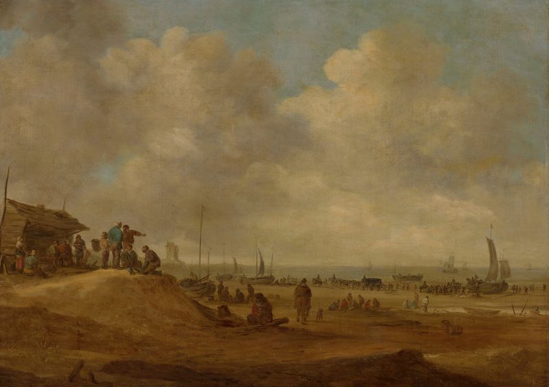A view of Scheveningen de Jan van Goyen, pintura a óleo que retrata uma cena de praia com figuras e ondas suaves.