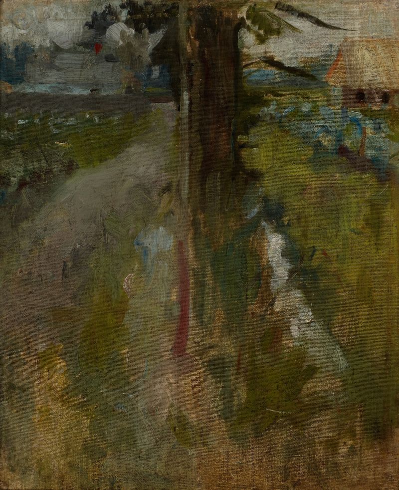 Landscape Motif by Olga Boznanska, oil on canvas showing a serene meadow with flowers and soft light.