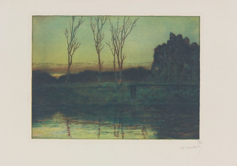 Landscape by Charles-Louis Houdard, oil painting depicting a serene river and lush foliage.