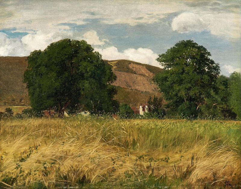 Paisaje con dos grandes árboles y un prado, óleo sobre lienzo de Hans Thoma