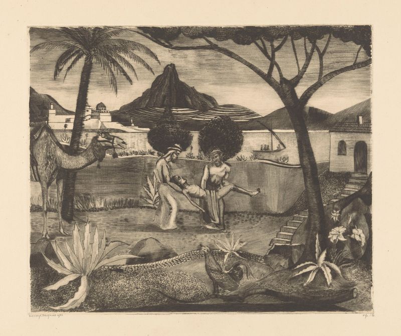 Figurative scene of two figures carrying a man in a garden, by Lodewijk Schelfhout