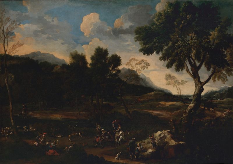 Oil on canvas by Jan Miel depicting two rams battling in a dusky landscape.