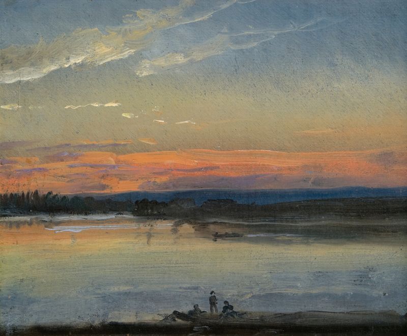The Elbe In Evening Light, óleo sobre tela de Johan Christian Dahl, retratando um rio ao pôr do sol.