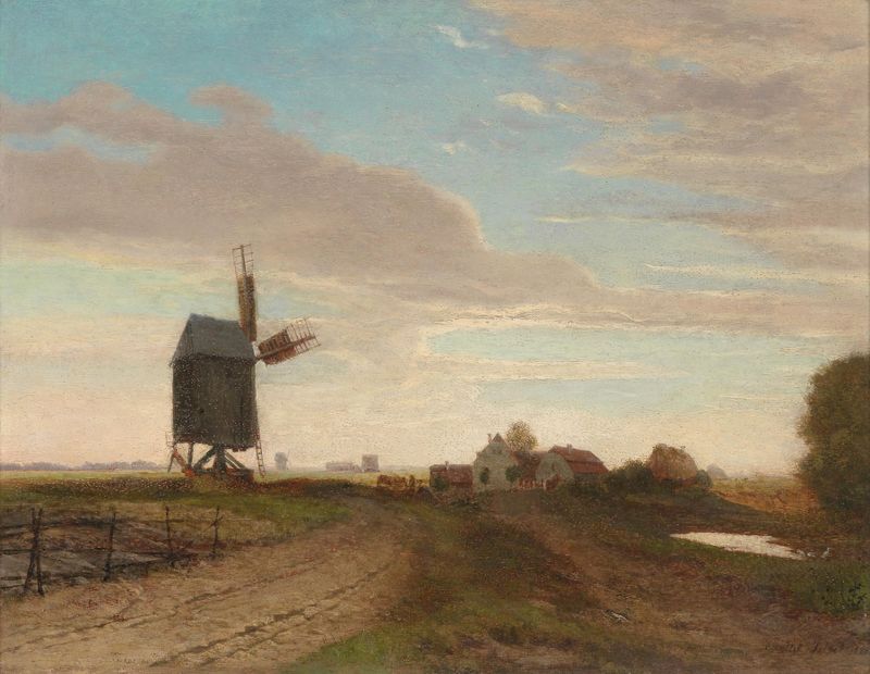 Landschaft mit Windmühle de Eugen Jettel, óleo de un molino de viento en un paisaje sereno