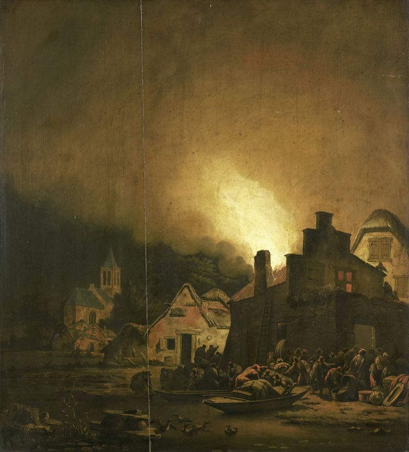 Fire by Night in a Village, oil on canvas by Adam Colonia, depicting a village illuminated by firelight.