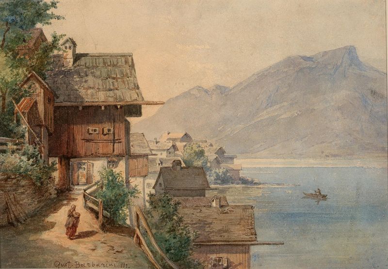 Landscape depicting a tranquil lake and village at dawn by Gustav Barbarini