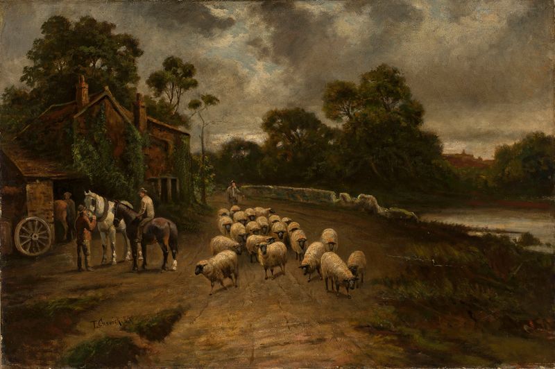 Cena de gênero com um rebanho de ovelhas, óleo sobre tela de Thomas Creswick