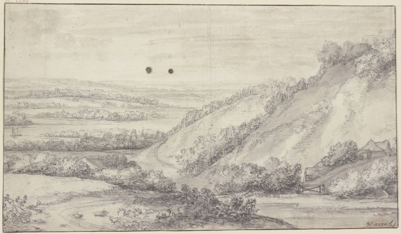 Landscape featuring a hillside with buildings and a river by Antonie Waterloo