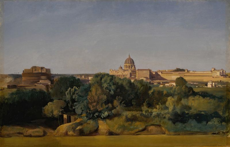 Landscape view of Saint Peter's Basilica and Castel Sant'Angelo by Jean-Achille Benouville, medium unknown.