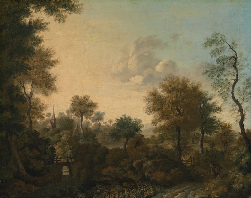 A View Supposedly Near Arundel, Sussex, oil painting by George Smith depicting figures in a lane