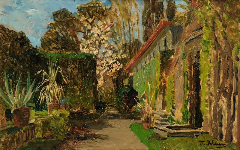 Pintura al óleo de Tina Blau que muestra a una mujer arrodillada en un jardín rodeada de flores y luz solar.