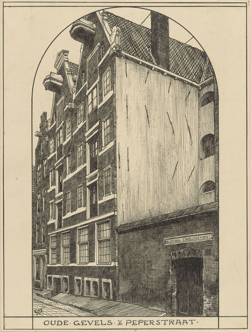 Oude gevels in de Peperstraat te Amsterdam de Willem Wenckebach, óleo sobre lienzo que representa arquitectura histórica.