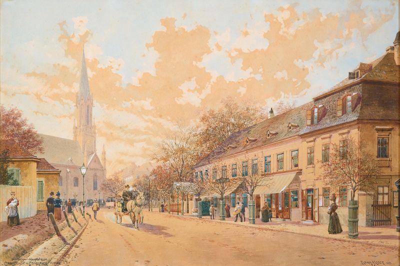 Hietzinger Hauptstrasse by Richard Moser, impressionism, depicting trees and light interplay.