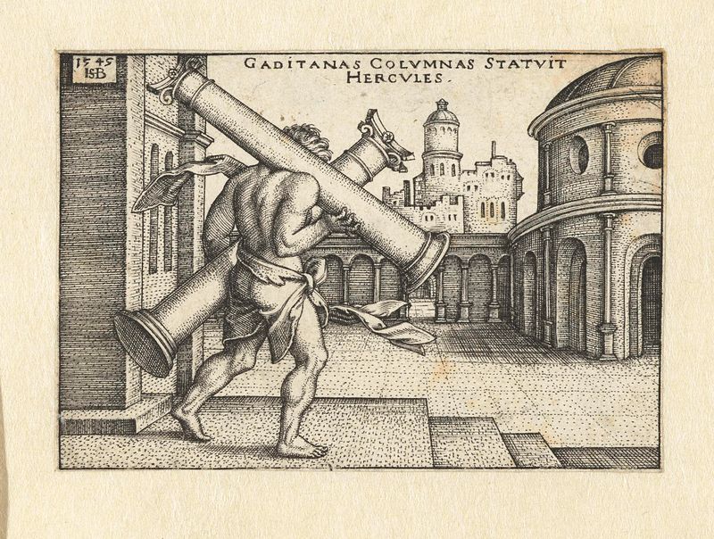 Hércules suportando as colunas de Gaza, gravura de Hans Sebald Beham