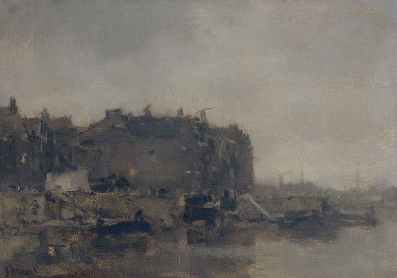 Houses on the Prins Hendrikkade, Amsterdam, on a Misty Day, oil painting by Jacob Maris