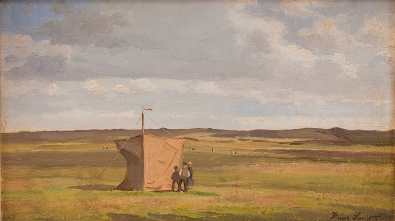 The Artist’s Shelter on the Moors in Jutland by Hans Smidth, oil on canvas depicting a shelter in a vast moor landscape